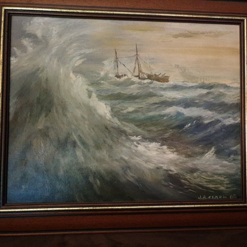 J. R. Clark Signed Original Oil Painting on Board Wild Sea Scene Wooden Frame - Picture 9 of 12