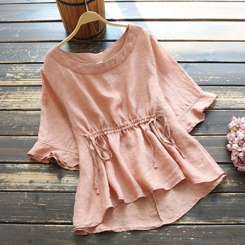 Women's Tunic T-Shirt Cotton Linen Top Ladies Summer Loose Pullover Casual Shirt - Picture 5 of 14