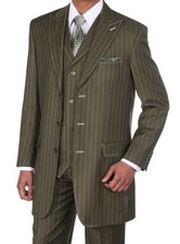 Men's 3 pcs Wool Feel Classic Gangster Pinstripe Suits with Vest 5903 Olive