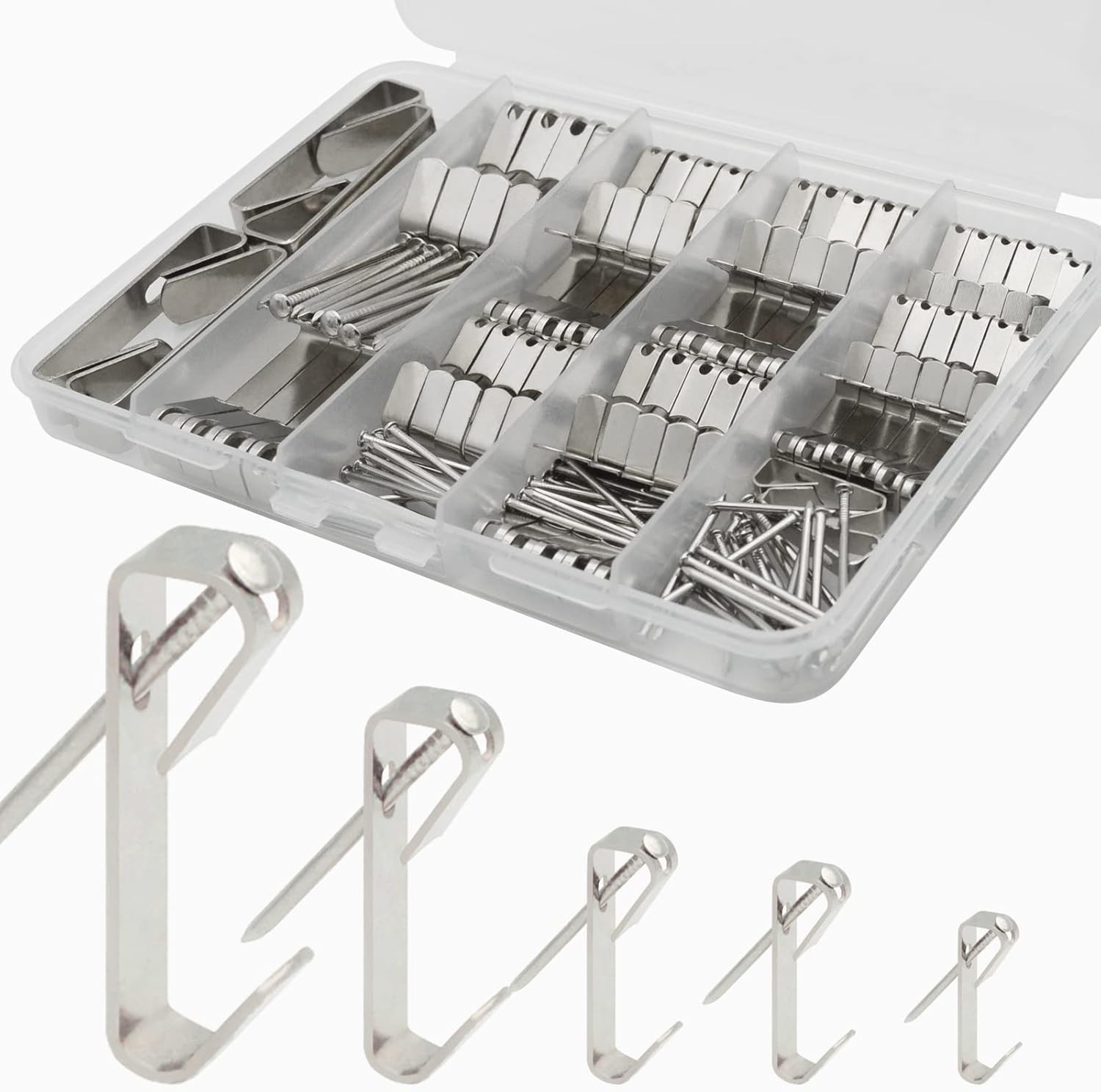 136Pcs Heavy Duty Picture Hangers Kit - 5 Sizes 10-100lb Capacity in Silver for Wall Art & Frames