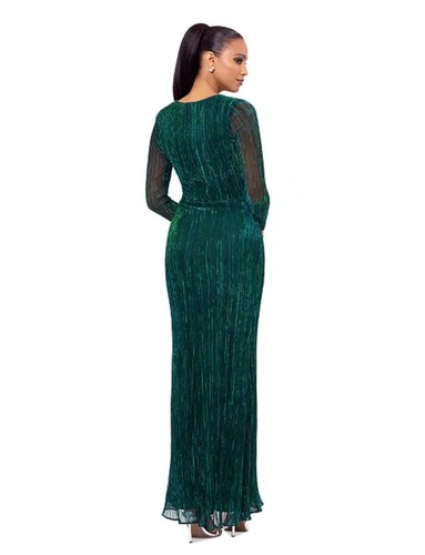Nuovo abito Betsy & Adam donna (14) verde metallizzato davanti drappeggiato manica lunga $269 - Foto 16 di 19