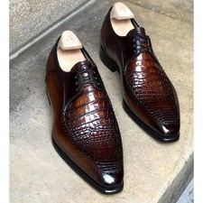 Men  s Luxury Bespoke Italian Brown Crocodile-Embossed Leather Derby Dress Shoes