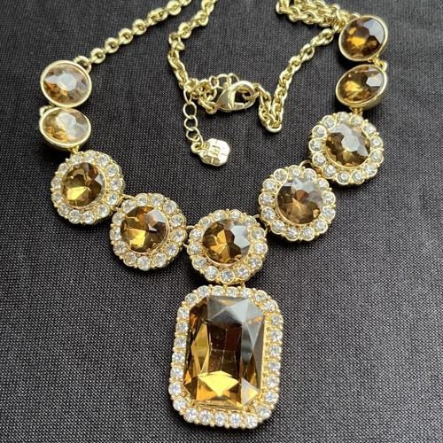 Vintage Monet Faceted Golden Topaz Crystal & Clear Rhinestone Statement Necklace