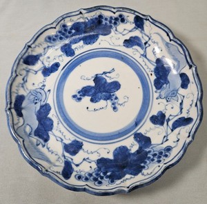 Antique Japanese Arita Imari blue white lotus plate rabbit 7.25 porcelain 19th