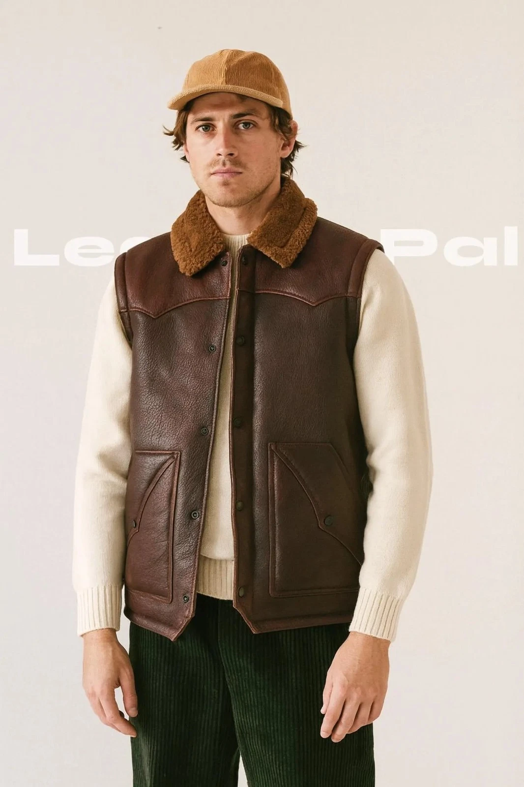 Men's Brown Real Leather Shearling Vest Sherpa Collar Sleeveless Western Jacket