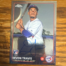 Topps Chrome 2015 Devon Travis Rookie Autographs Auto Card #AR-DT Blue Jays. rookie card picture