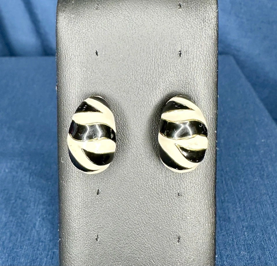 Kenneth Jay Lane Signed KJL Gold-toned Black and White Zebra Pierced Earrings - Image 4 of 4