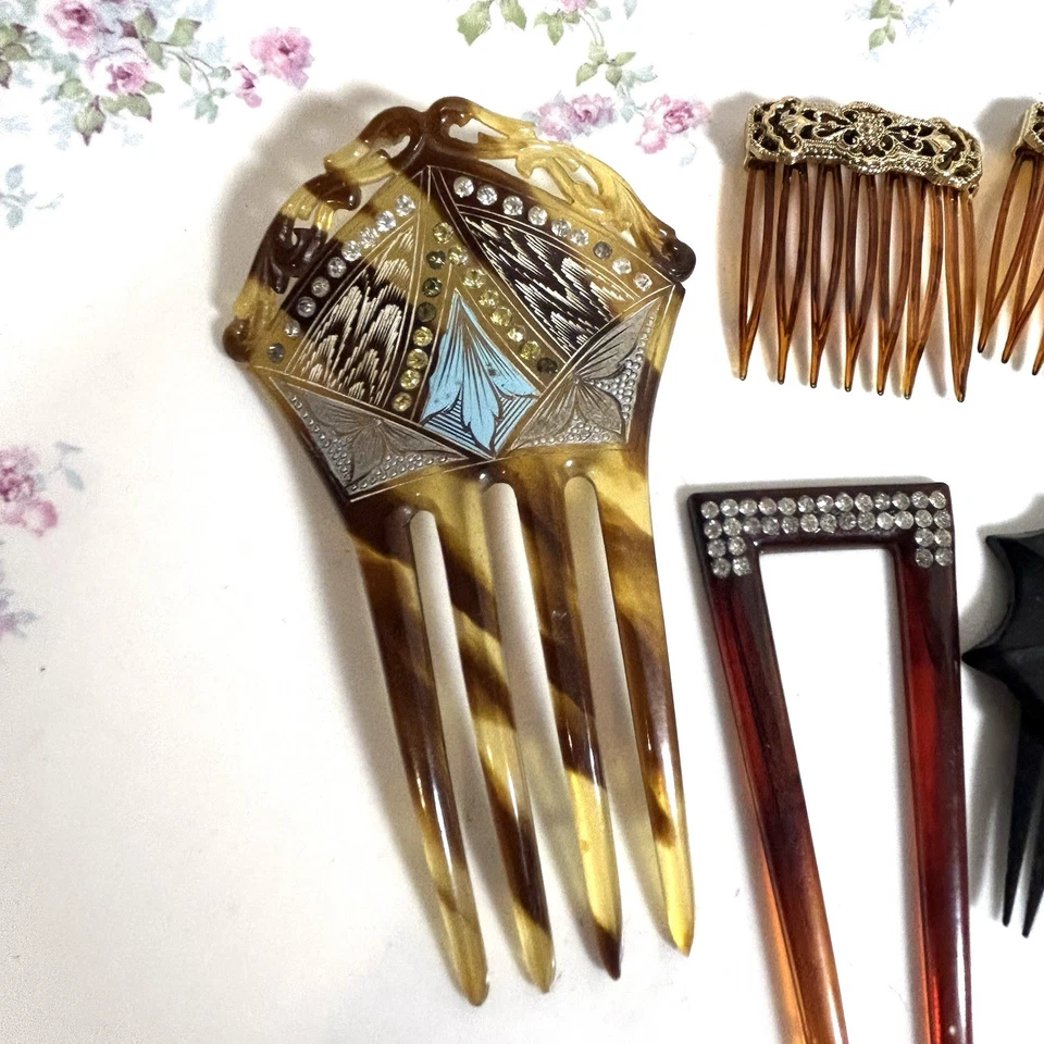 Lot Vintage Hair Combs 7pc Celluloid Style Deco Gothic Rhinestone - Image 2 of 4