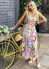 ZARA WOMAN SIZE M PRINTED LINEN MIDI DRESS PINK MULTICOLORED | 6962/031 NEW