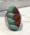 Vintage Navajo men's ring signed sterling silver & turquoise & coral inlay sz 12