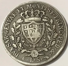 1824 Italian State Sardinia 5 Lire Silver Crown KM-116.2 RARE