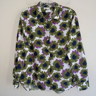 Seidensticker Button Up Green Purple Floral Long Sleeve Shirt Top Women Size S