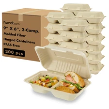 Karat Earth 2-Comp 9''x6'' Paper Hinged Containers, PFAS Free, Molded Fiber