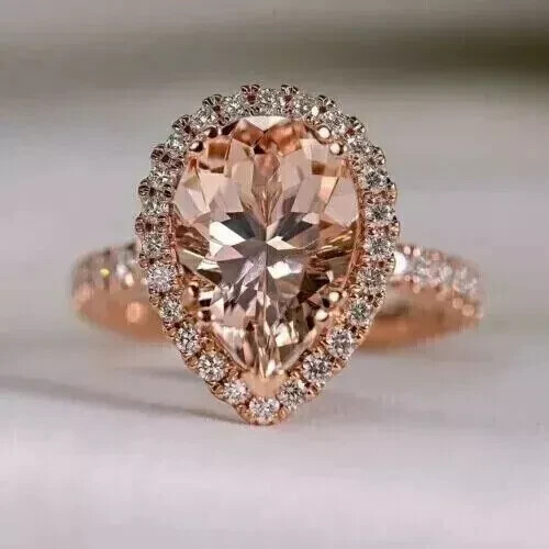 2.60Ct Pear Cut Lab Created Morganite Halo Engagement Ring 14K Rose Gold Plated - Foto 2 di 5