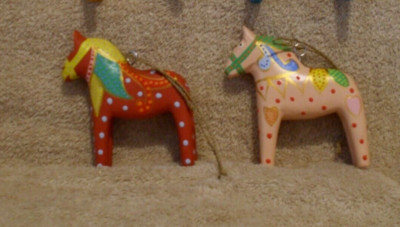 2 Pc Red & Pink Wooden Dala Cheer Horse Christmas Ornaments, 4'' Tall - New