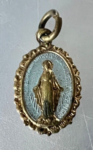 Vintage Catholic Miraculous Mary Blue Enamel Gold Tone Religious Medal ...