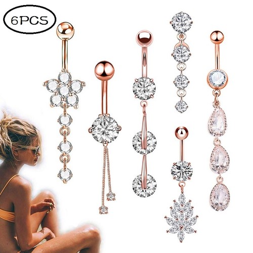 6pcs Belly Button Rings Tribal Dangle Navel 14G Barbell Bar Piercing