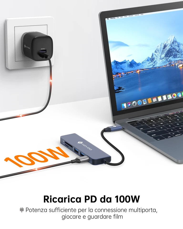NOVOO Hub USB C, 6 en 1 Adaptador USB C con PD 100W Porta Carga, 4K HDMI, 2 USB - Imagen 3 de 4