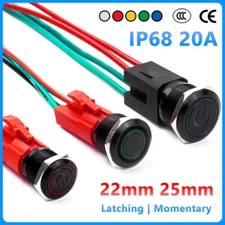 22/25mm LED Push Button Switch Momentary Latching On/Off Waterproof Metal 20A