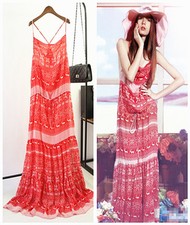 New Women's Summer Elegant Boho Lotus Chiffon Floral Sandy Beach Long Dress SZ L