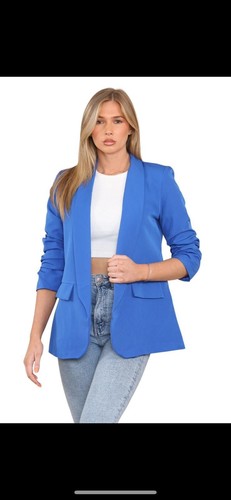Ladies Ruched Sleeve Fully Lined Blazer Collared Casual Ladies Formal Jacket Top - Picture 10 of 23