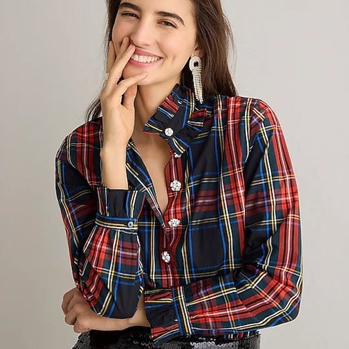New J.Crew Classic-fit ruffle-neck jewel-button popover in Stewar Sz 2 $128 - Picture 2 of 12