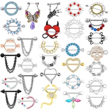 PAIR SURGICAL STEEL Nipple Rings Tongue Ring CZ Gems Shield Barbell Piercing 14G