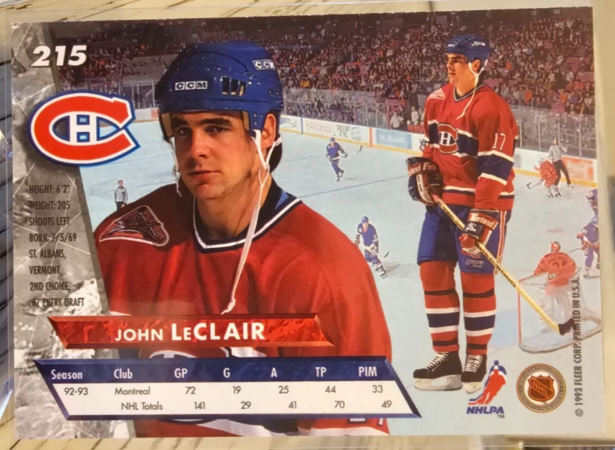 1993-94 Fleer Ultra John LeClair #215 Montreal Canadiens - Image 2 of 2