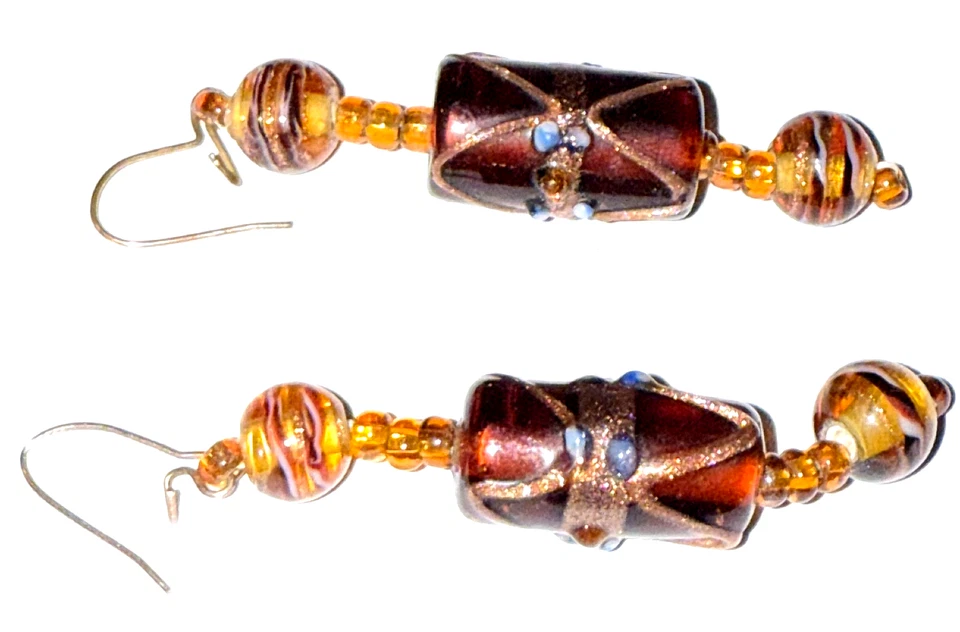 VINTAGE AMBER COLORED STUDIO ART GLASS NECKLACE EARRINGS BRACELET ARTISAN PARURE - Image 4 of 4