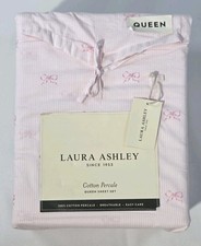 Laura Ashley Queen Sheet Set Pink Curtsey Bow Striped 100 Cotton Percale NWT