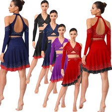 Women Rumba Salsa Latin Jazz Dance Costume V-Neck Backless Crop Top Short Skirt