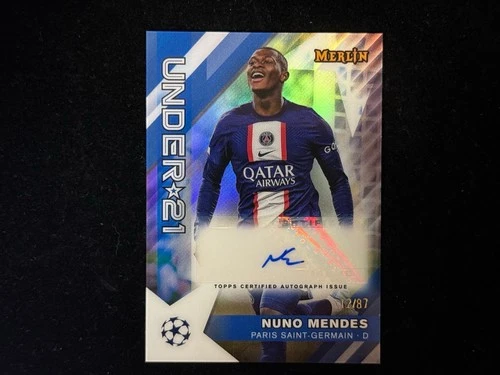 Nuno Mendes 2022-23 Topps Chrome Merlin UEFA Under 21 Refractor /87 Auto NRMT+