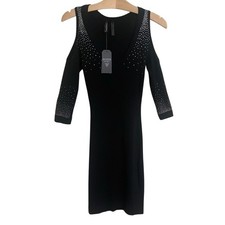 NWT Guess Sydney Sparkle Dress Jet Black Cold Shoulder Rhinestone XS