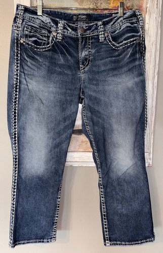 Silver Suki Cropped Jeans Fluid Denim Blue Thick Stitch Sz 14 Stretch Mid Rise - 第 1/10 張圖片