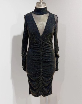 Venus Women's Shimmer Black /Gold Long Sleeve Ruched Party Cocktail Dress Size M