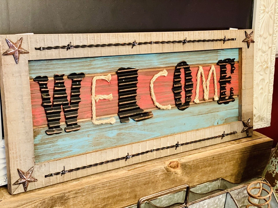 Деревенский, ковбойский вестерн «Добро пожаловать» деревянная рама висячий знак заусеница проволока/звезды - Изображение 2 из 4
