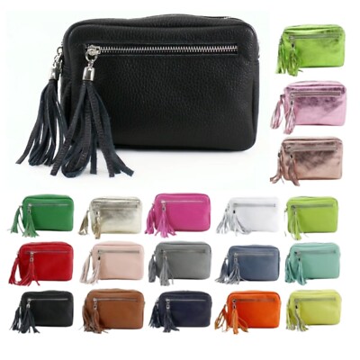 Damen Echtleder Handtasche Umhängetasche Quaste Reißverschluss Etui Schultertasche Neu