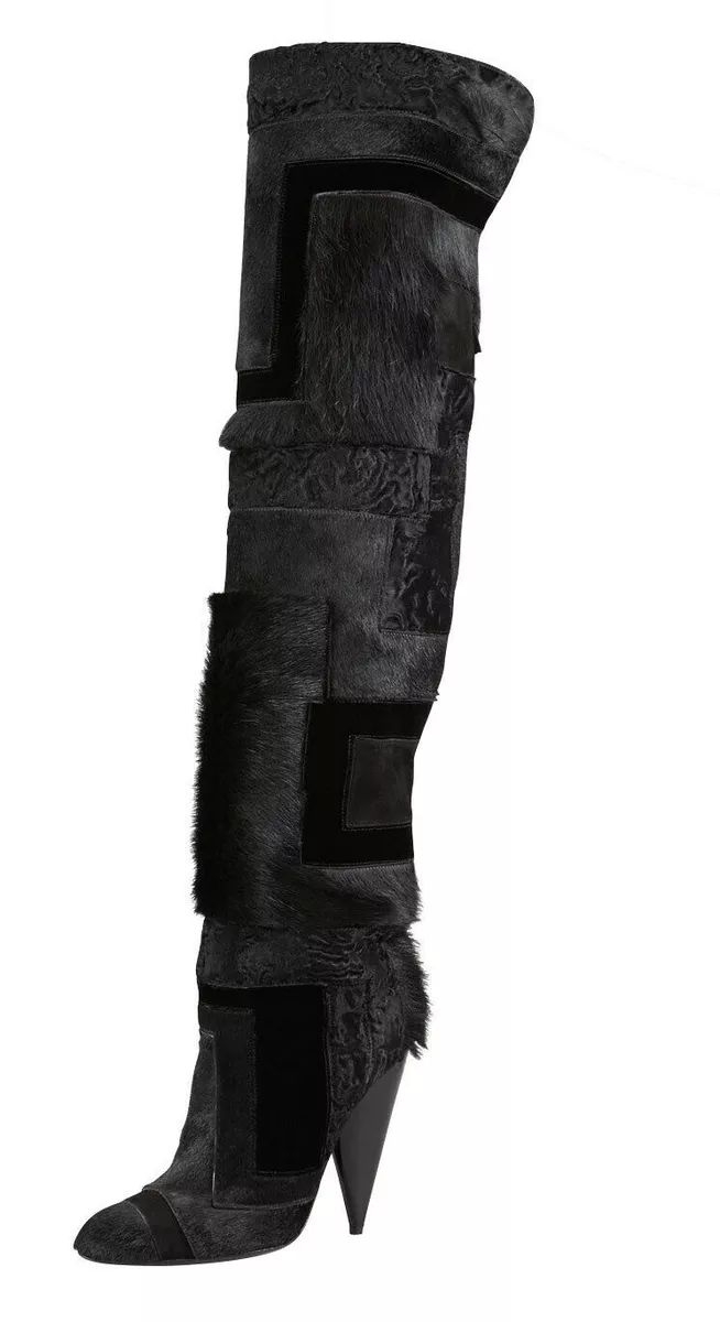 Tom Ford Black Runway Patchwork Calf Fur Over Knee Boot SZ US 7 IT 37 NWB