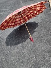 Vintage Used Umbrella Parasol Red And Cream Or Plaid