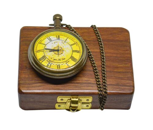 Antique Maritime Marco Polo Brass Pocket Watch Fob with Chain Wooden box - Foto 1 di 6