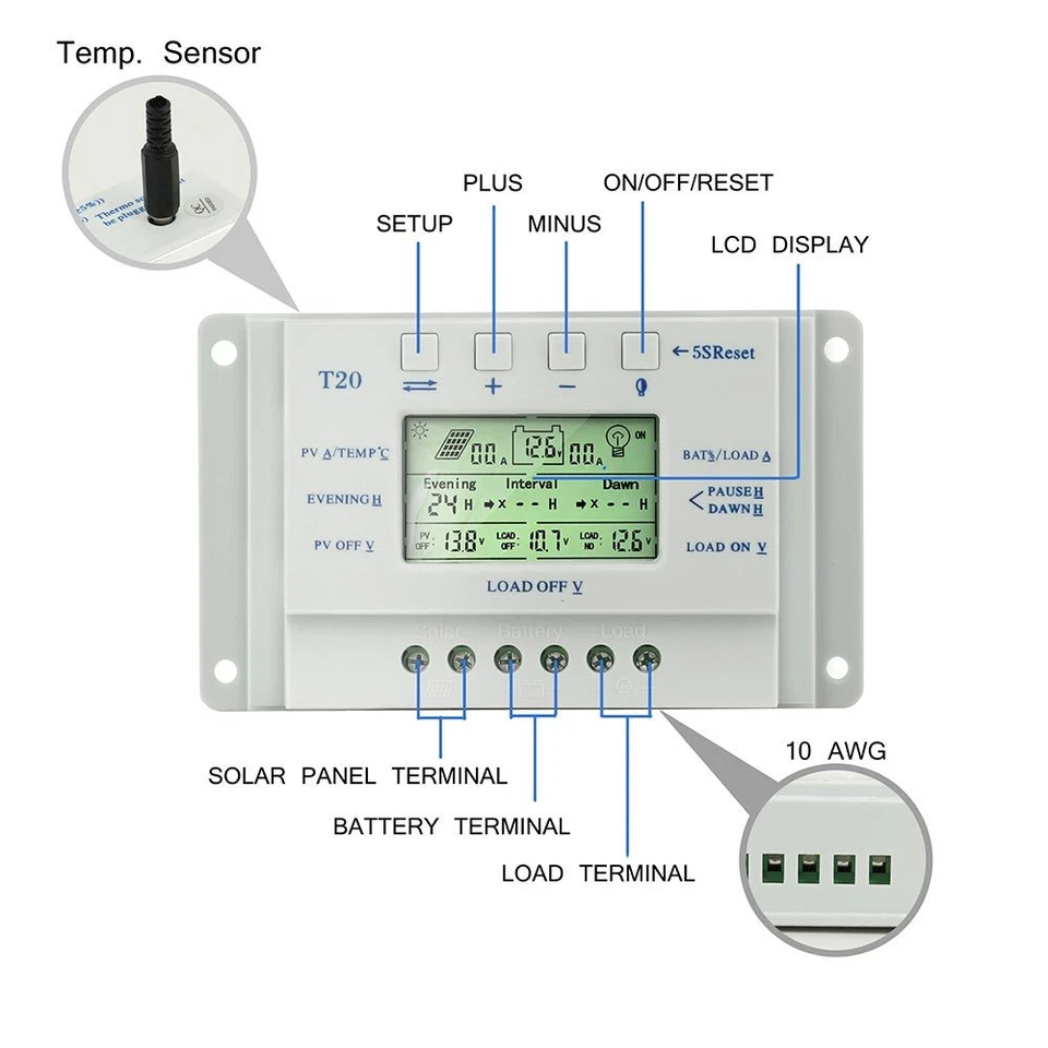 Regolatore di carica solare 20A 30A 40A 10A regolatore batteria 12V/24V 3 tempi - Immagine 4 di 4
