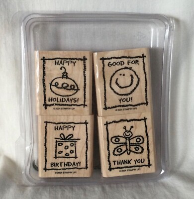 Stampin Up! Wood Mount Stamps - Set of 4 - Kid Cards Thank You Birthday Holidays