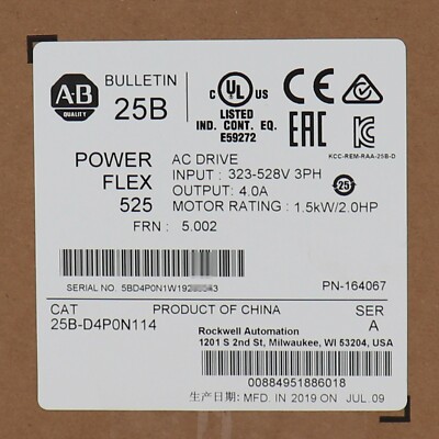 Allen-Bradley AB 25B-D4P0N114 PowerFlex 525 AC Drive 1.5kW 2HP Factory Sealed