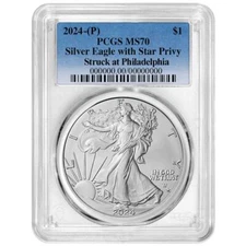 2024 (P) $1 American Silver Eagle Star Privy PCGS MS70 Blue Label