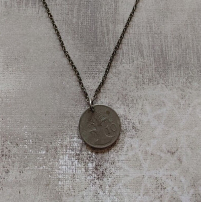 Vintage necklace real coin 1980 Zimbabwe Africa 10c baobab tree & ancient bird