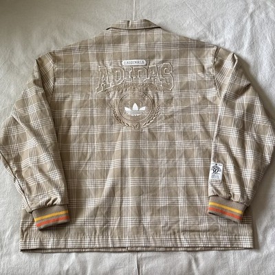 Adidas Jacket Mens XL Beige Plaid 50th Anniversary Trefoil Originals Snap Coat