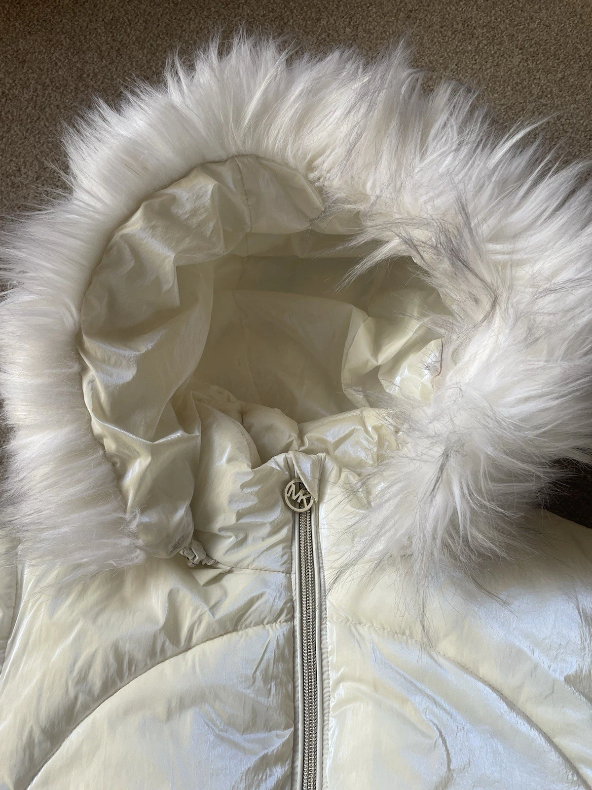 ?CAPPOTTO RAGAZZA 10 11 12 MICHAEL KORS AVORIO PERLATO BIANCO PELLICCIA CAPPUCCIO PILE