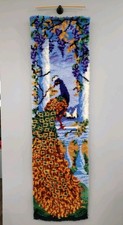 LARGE Vintage Latch Hook Rug Completed Beach Sea Wall Hanging PEACOCK maximalist