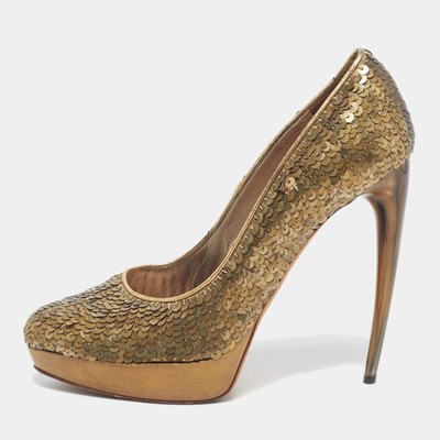 Alexander McQueen Gold Sequins Horn Heel Platform Pumps Size 40 | eBay
