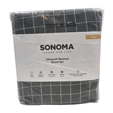 Sonoma Goods For Life Easy Care 525 Thread Count Full Sheet Set Charcoal Grid 